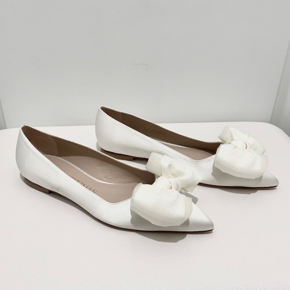 Stuart Weitzman ANNY MESH White Silk Satin Bow Flats Pointed Toe Bridal Shoe 7.5 - Picture 6 of 13